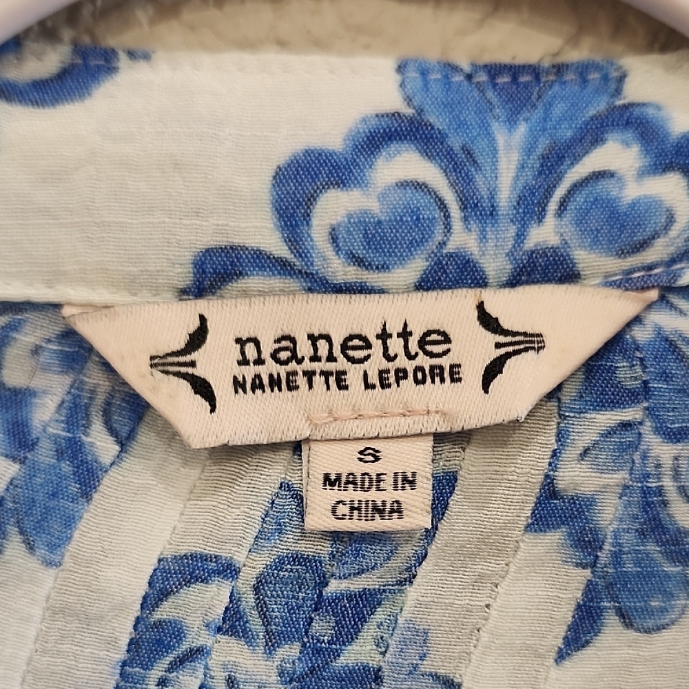 Nanette Lepore Pintuck Pleats Blue White Resortwear Patterned Tunic Blouse Small - Picture 2 of 9